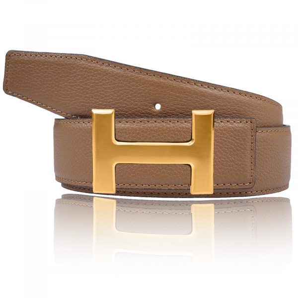 Light brown leather belt with H belt buckle gold as reversible belt