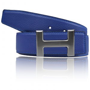 H Gürtel Electricblau Hellblau mit H Gürtelschnalle Chrom Silber als Wendegürtel