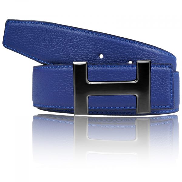 H belt light blue electric blue with H belt buckle black matte as a leather belt