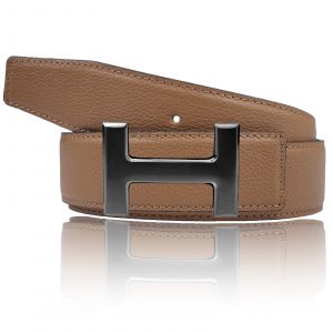 H Ledergürtel Hellbraun mit H Gürtelschnalle Schwarz matt als Wendegürtel