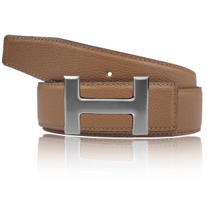 H Gürtel Hellbraun mit H Gürtelschnalle Silber Chrom als Ledergürtel