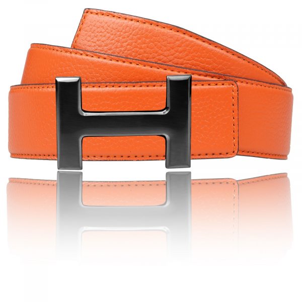 H leather belt with H belt buckle black matte in orange