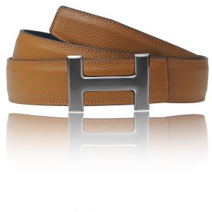 H Schnalle in Chrom Silber mit Gürtel in Cognac für Damen & Herren 32mm / 40mm