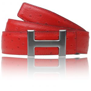 Straußenleder H Gürtel als Wendegürtel Damen Herren Rot mit H Schnalle in Silber Chrom 25 mm / 32 mm / 42 mm
