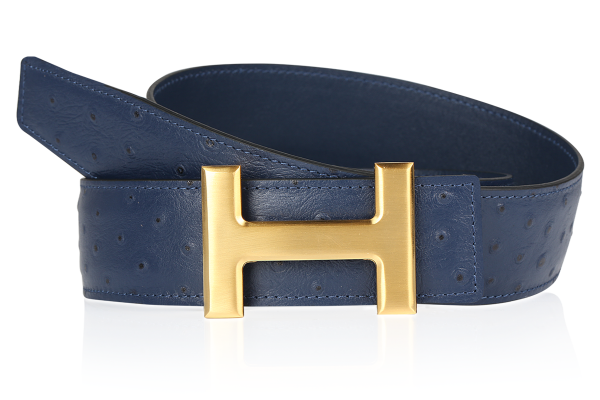 Ostrich leather belt dark blue 40 mm / 32 mm with H buckle in gold matte brushed women's belt / men's belt