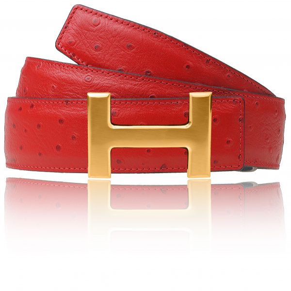 Ostrich leather belt red with H belt buckle in matte gold brushed