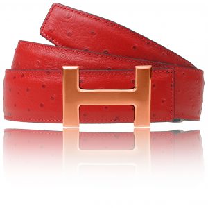 Straußenleder Gürtel Rot mit H Gürtelschnalle in Rose Gold matt